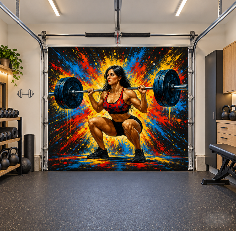 Explosive Squat Power interior garage door cover — one car front