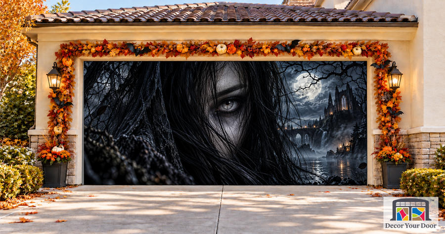 Eye in the Hair Halloween garage door cover – Two Car front view