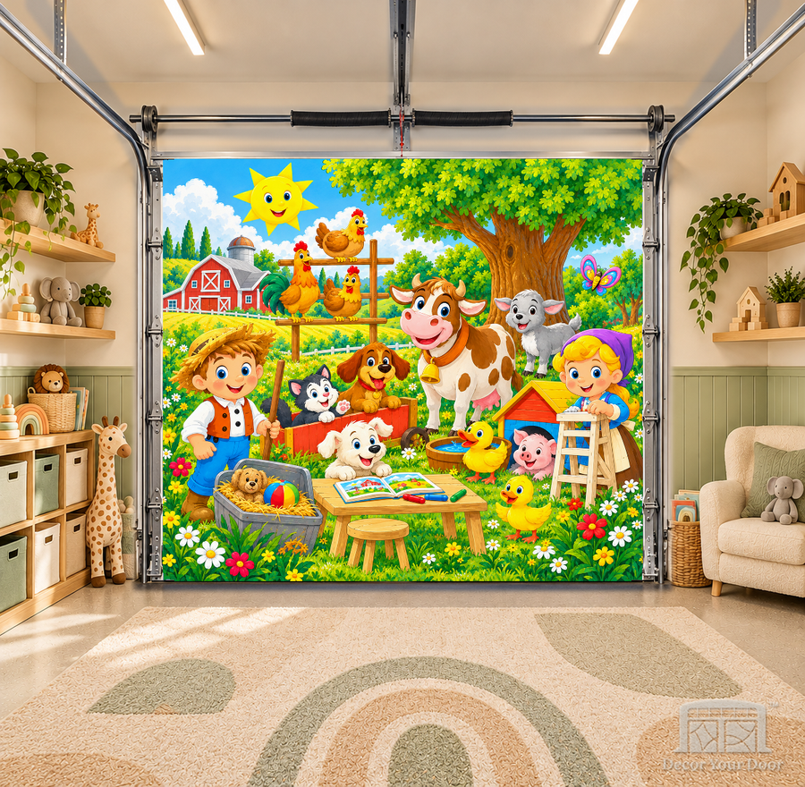Farmyard Friends interior garage door cover — OneCar-front in a nursery garage playroom