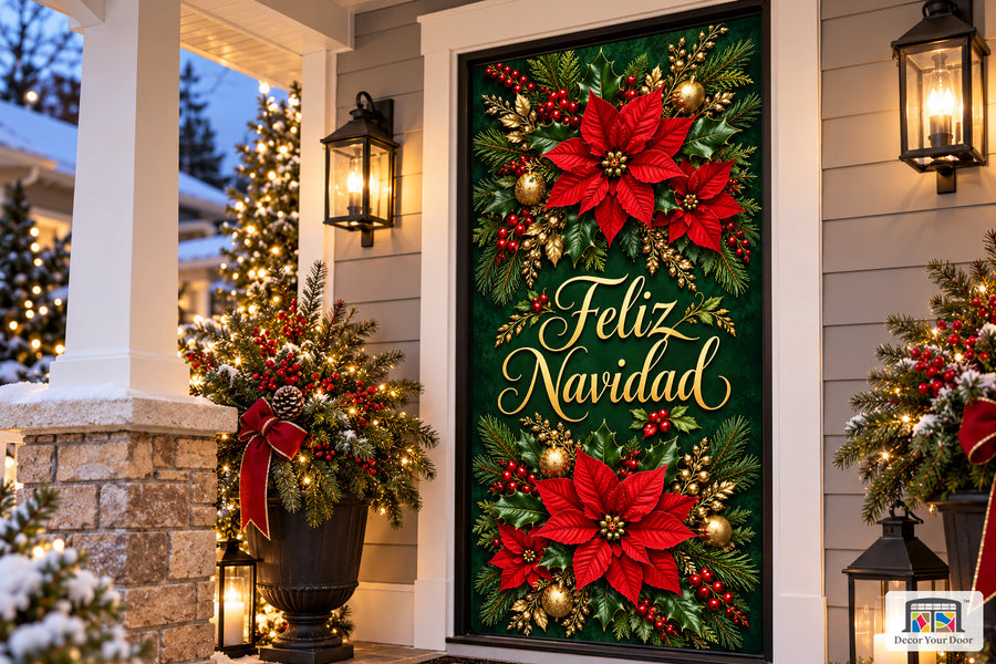 Feliz Navidad Front Door Cover on the approved Christmas porch, angled view.