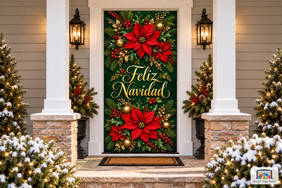 Feliz Navidad Front Door Cover on a snowy Christmas porch, front view.