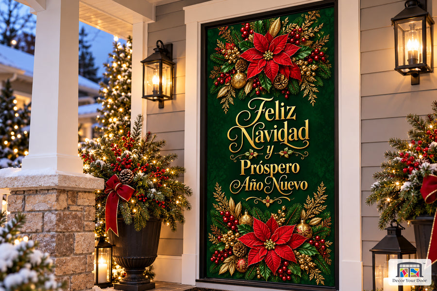 Feliz Navidad y Próspero Año Nuevo Front Door Cover on the approved Christmas porch, angled view.