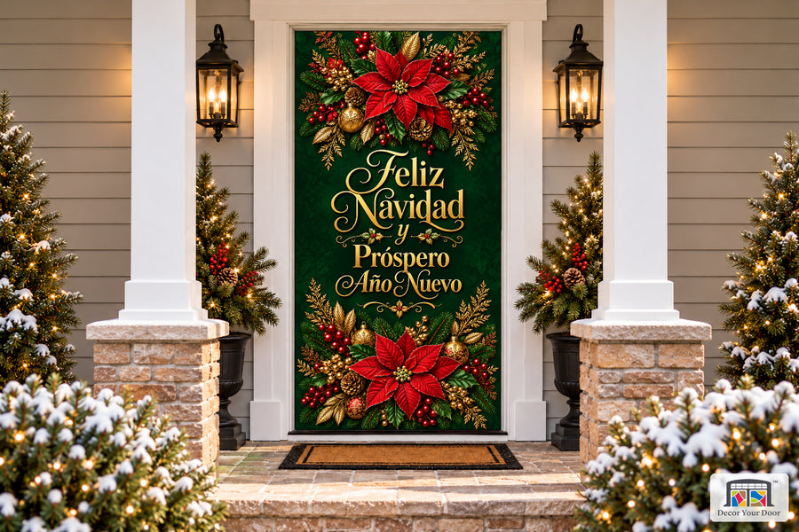 Feliz Navidad y Próspero Año Nuevo Front Door Cover on a snowy Christmas porch, front view.