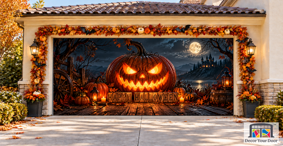 Firelit Halloween Halloween garage door cover – Two Car front view