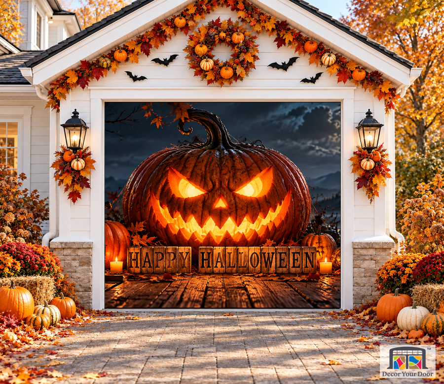 Firelit Halloween Halloween garage door cover – One Car front view