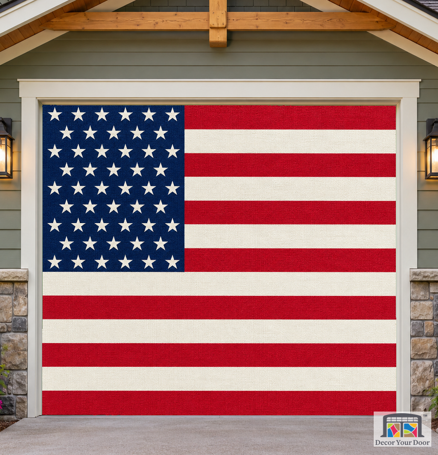 Classic Stars and Stripes Garage Door Cover — one-car front house view