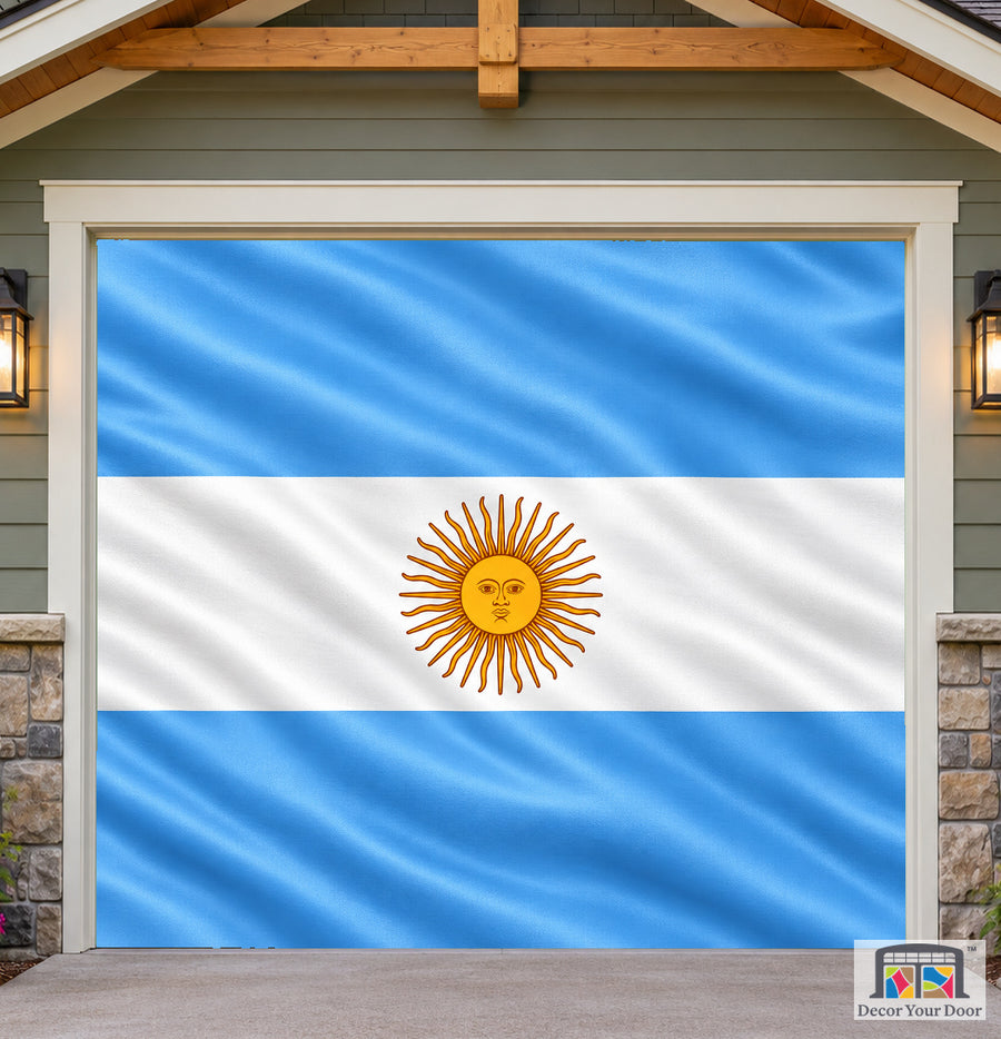 Argentina Flag Garage Door Cover — one-car front house view