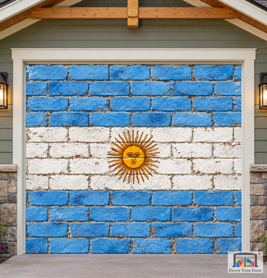 Argentina Flag On Brick Wall Garage Door Cover — one-car front house view