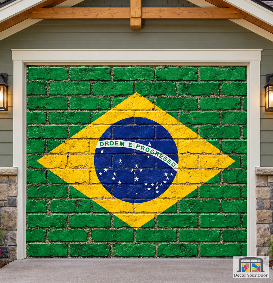 Brazil Flag On Brick Wall Garage Door Cover — one-car front house view