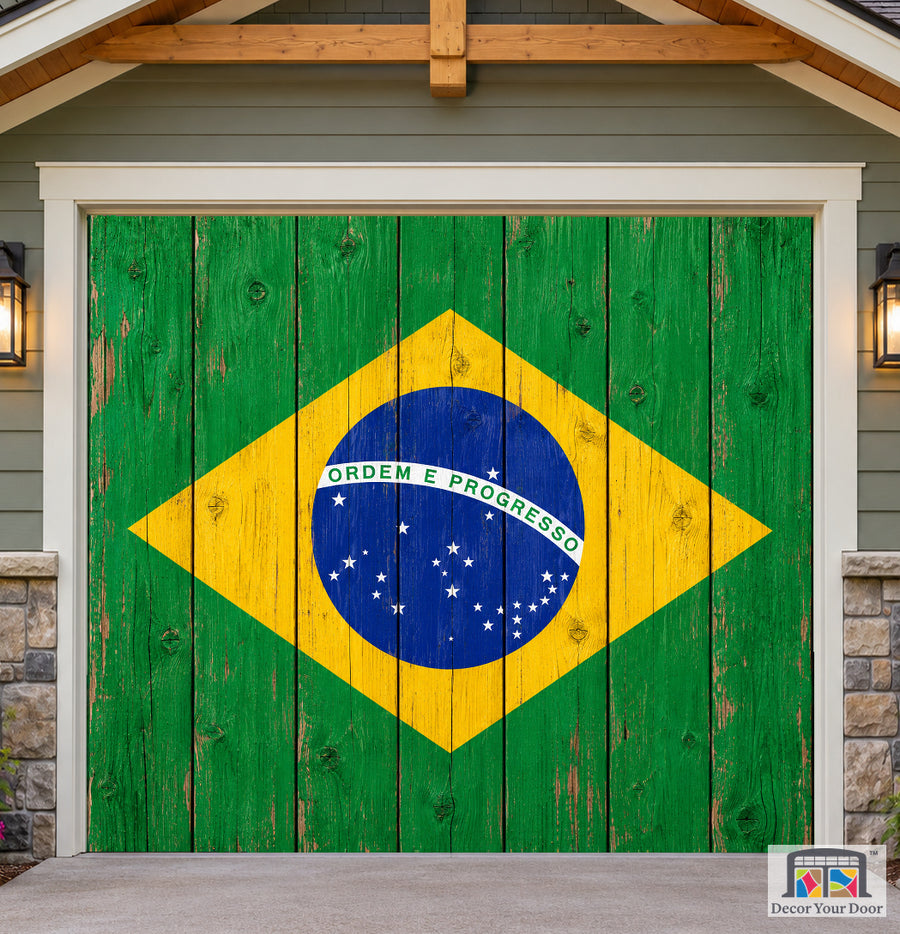 Brazil Flag On Wooden Garage Door Cover — one-car front house view