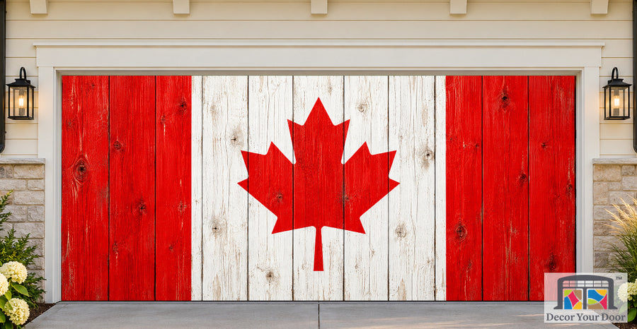 Canada Flag On Wooden Background Garage Door Cover — two-car front house view