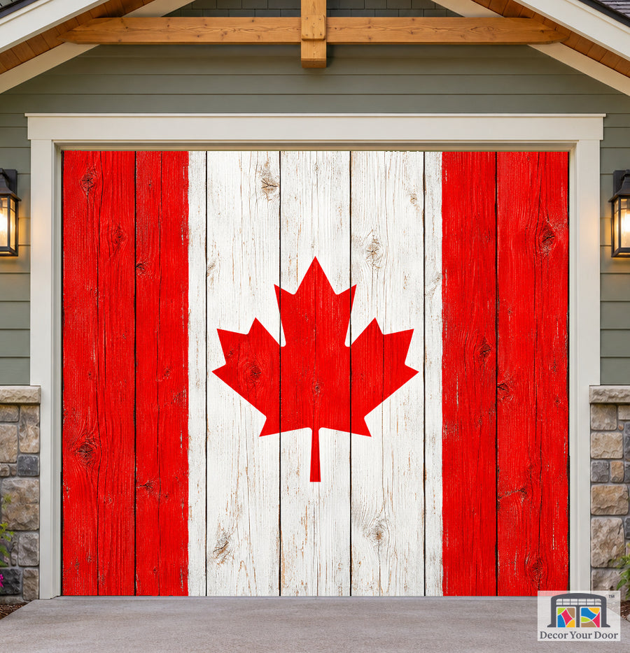 Canada Flag On Wooden Background Garage Door Cover — one-car front house view