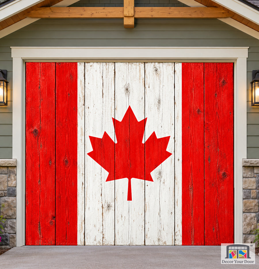 Canada Flag On Wooden Door Garage Door Cover — one-car front house view
