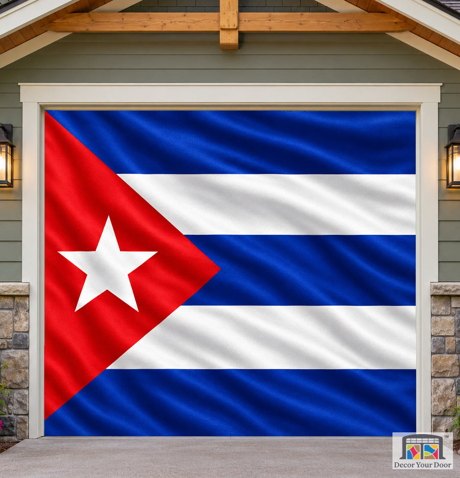 Cuba Flag Garage Door Cover — one-car front house view