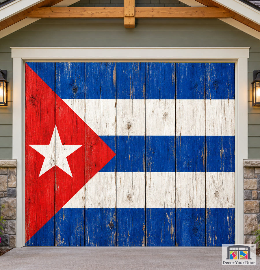 Cuba Flag On Wooden Background Garage Door Cover — one-car front house view