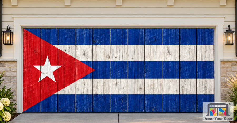 Cuba Flag On Wooden Door Garage Door Cover — two-car front house view