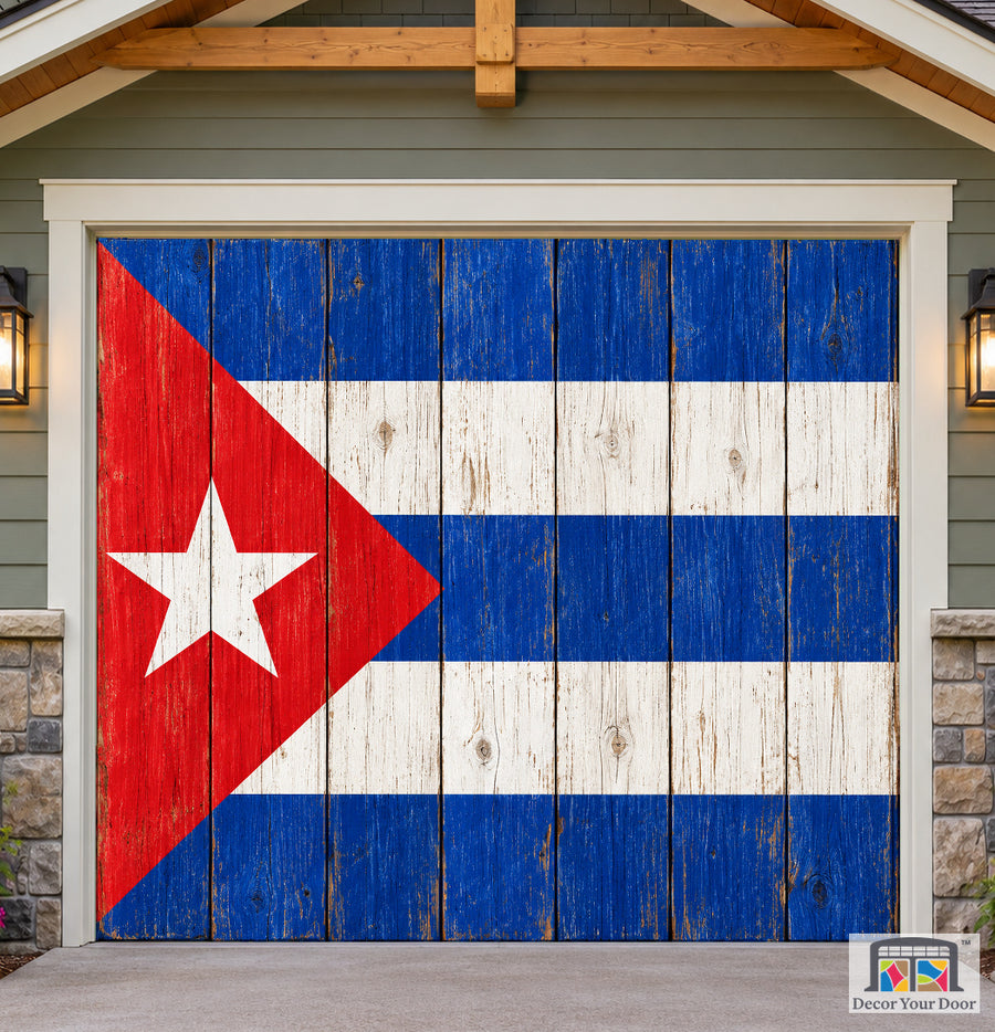 Cuba Flag On Wooden Door Garage Door Cover — one-car front house view