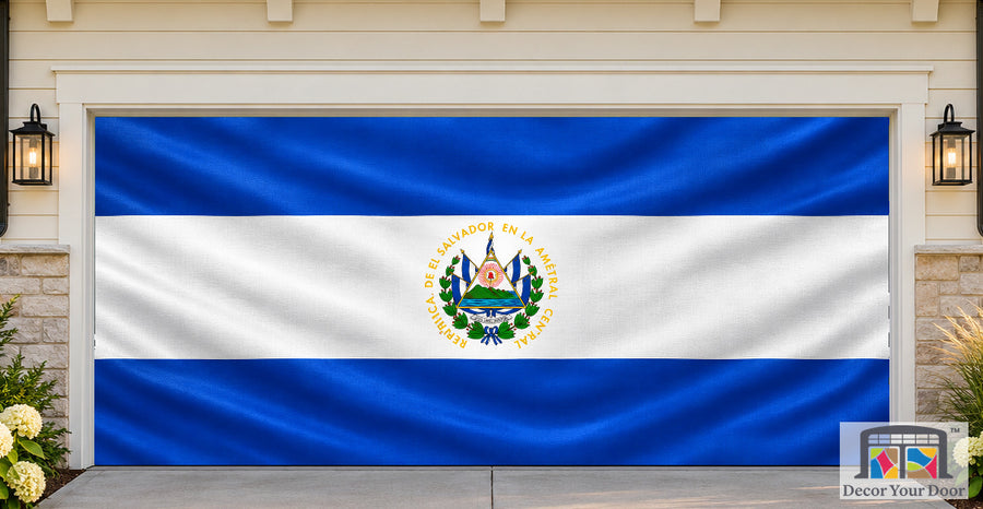 El Salvador Flag Garage Door Cover — two-car front house view