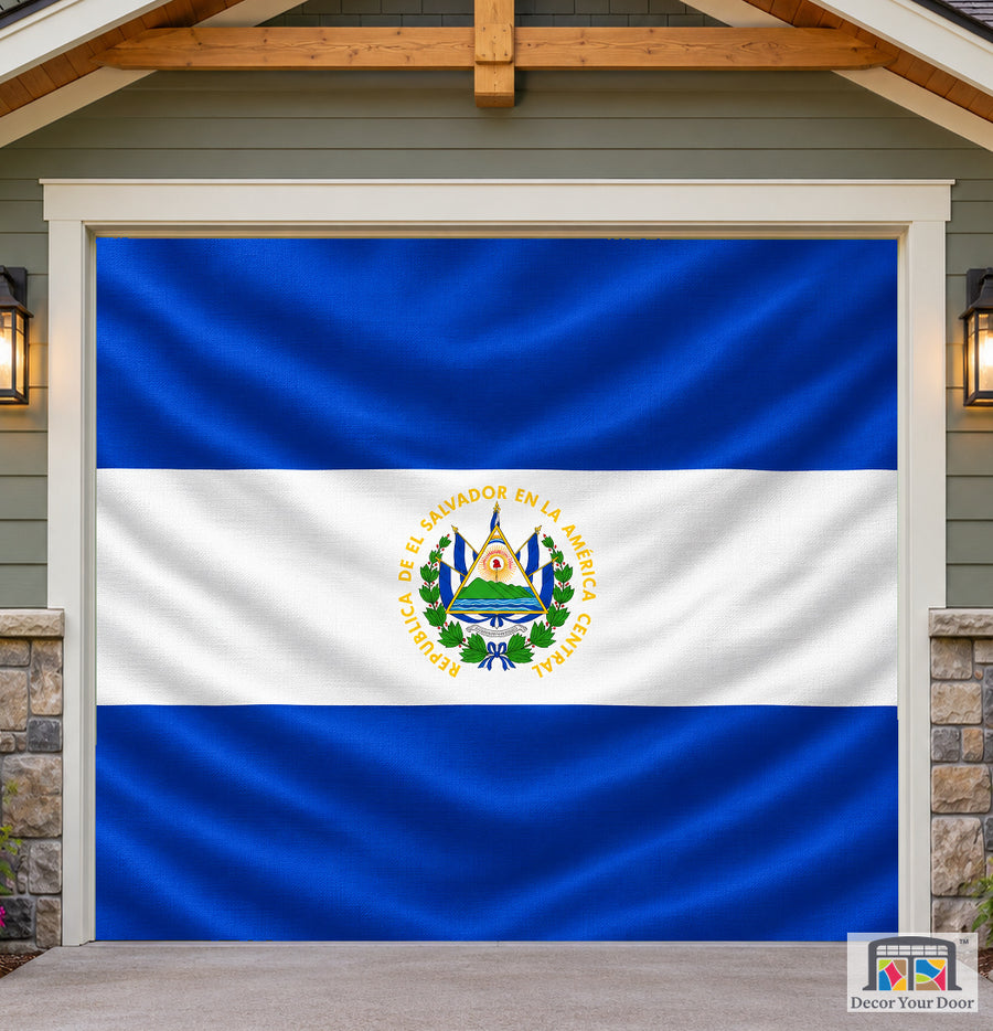 El Salvador Flag Garage Door Cover — one-car front house view