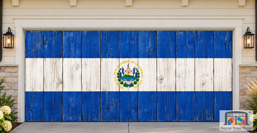 El Salvador Flag On Wooden Door Garage Door Cover — two-car front house view
