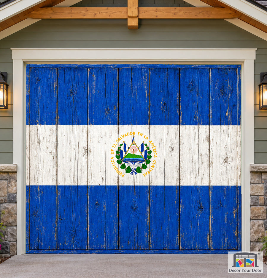El Salvador Flag On Wooden Door Garage Door Cover — one-car front house view