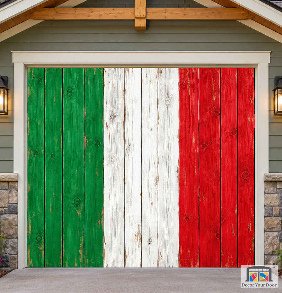 Italy Flag On Wooden Garage Door Cover — one-car front house view