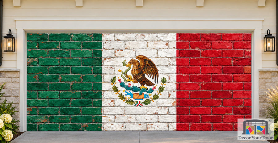 Mexico Flag On Brick Wall Garage Door Cover — two-car front house view