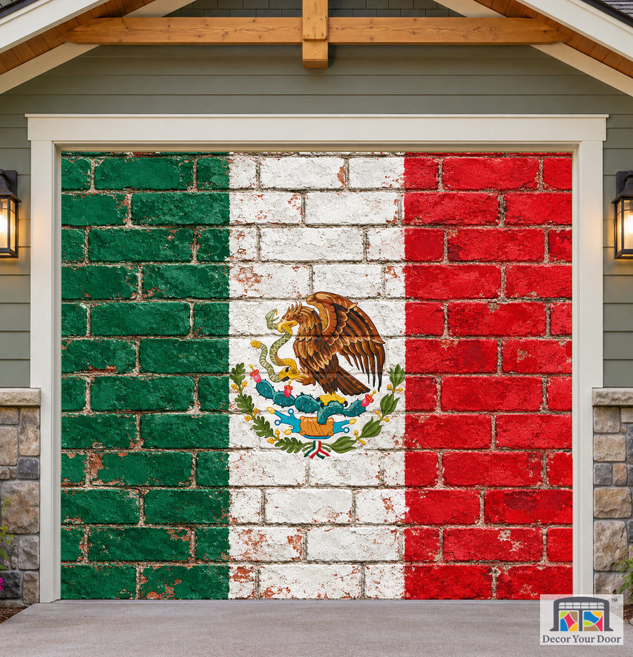 Mexico Flag On Brick Wall Garage Door Cover — one-car front house view