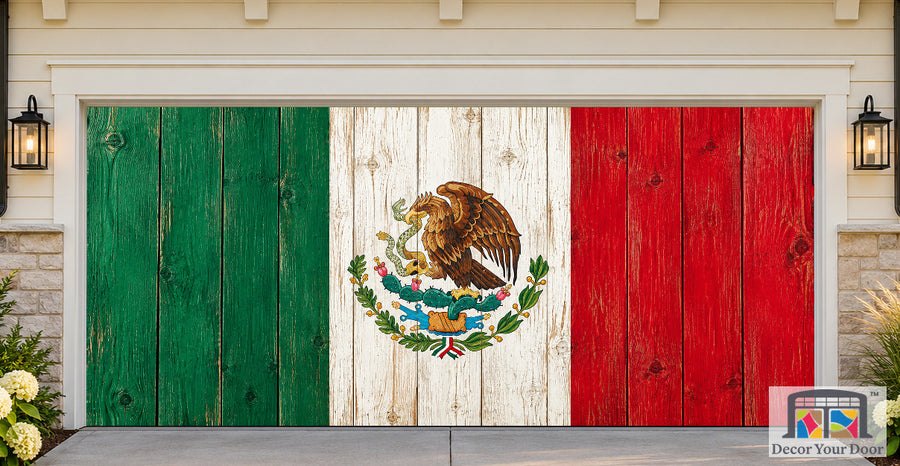 Mexico Flag On Wooden Garage Door Cover — two-car front house view