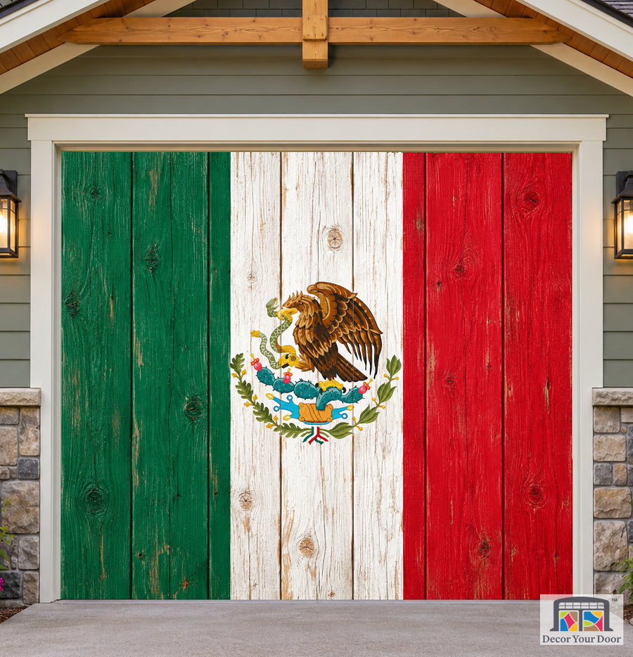 Mexico Flag On Wooden Garage Door Cover — one-car front house view