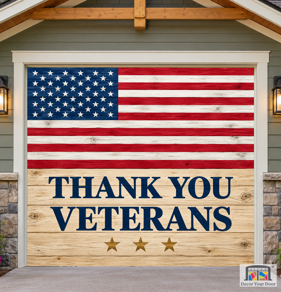 Thank You Veterans — Heritage Tribute Garage Door Cover — one-car front house view