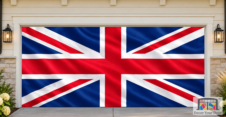 United Kingdom Flag Garage Door Cover — two-car front house view