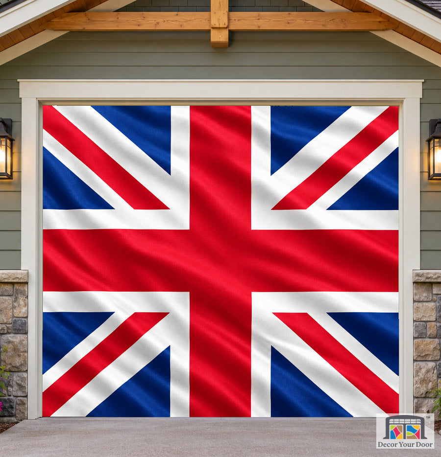 United Kingdom Flag Garage Door Cover — one-car front house view