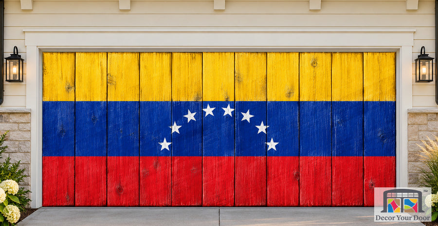 Venezuela Flag On Wooden Door Garage Door Cover — two-car front house view