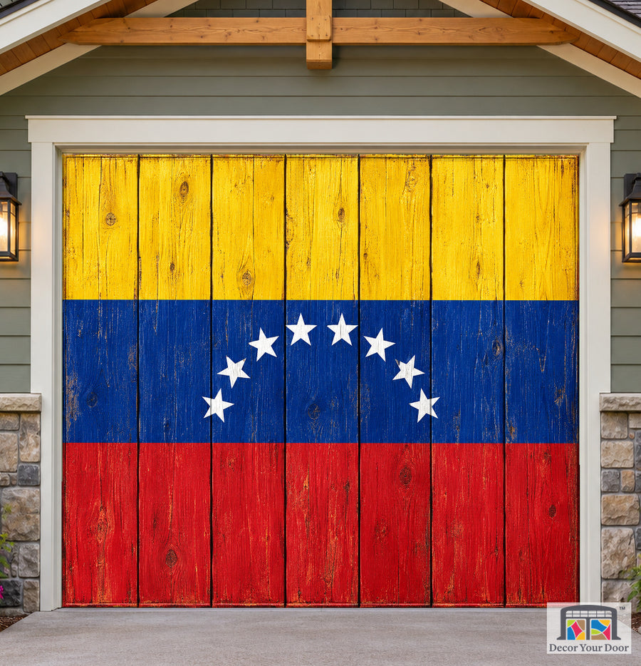 Venezuela Flag On Wooden Door Garage Door Cover — one-car front house view