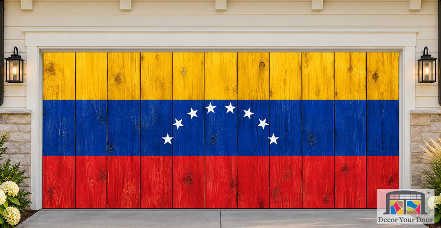 Venezuela Flag Wooden Garage Door Cover — two-car front house view
