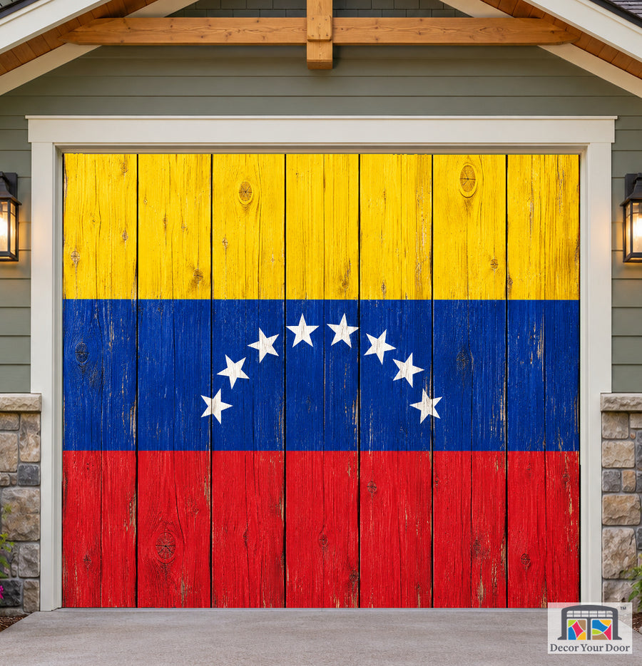 Venezuela Flag Wooden Garage Door Cover — one-car front house view