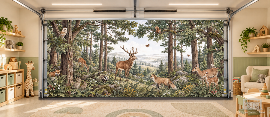 Forest Friends interior garage door cover — TwoCar-front in a nursery garage playroom