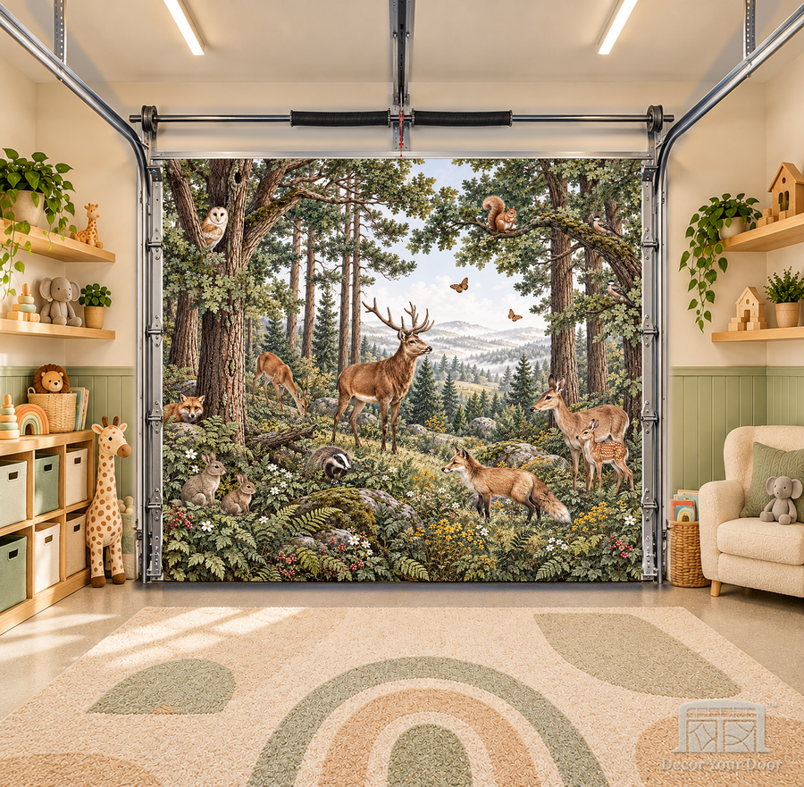 Forest Friends interior garage door cover — OneCar-front in a nursery garage playroom