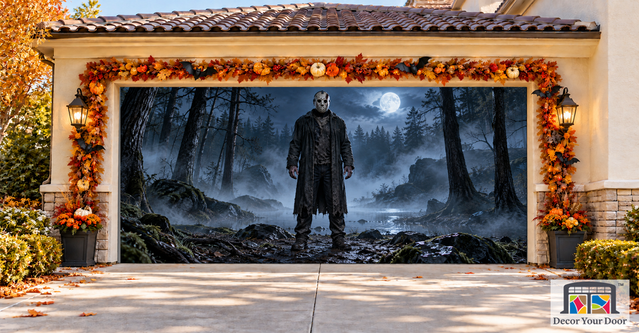 Forest Masked Stalker Halloween garage door cover – Two Car front view