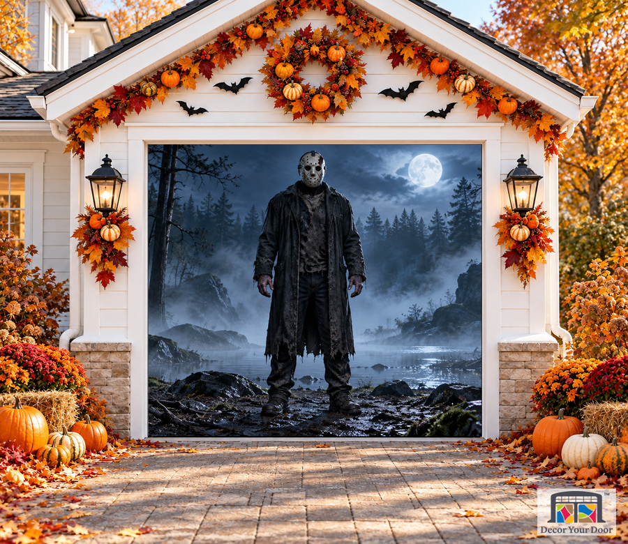 Forest Masked Stalker Halloween garage door cover – One Car front view