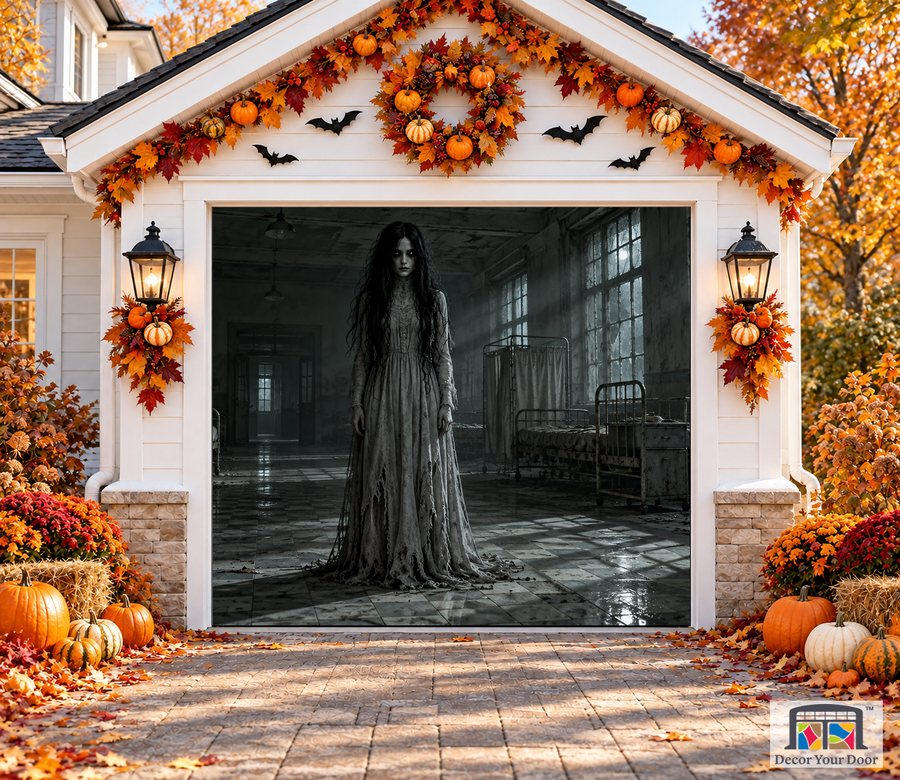 Forgotten Ward Halloween garage door cover – One Car front view