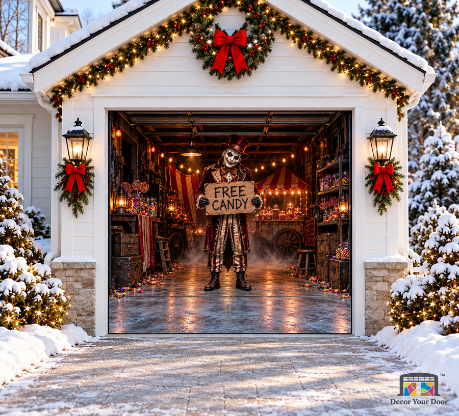 Free Candy Garage Trap Halloween Garage Door Cover — one-car front view