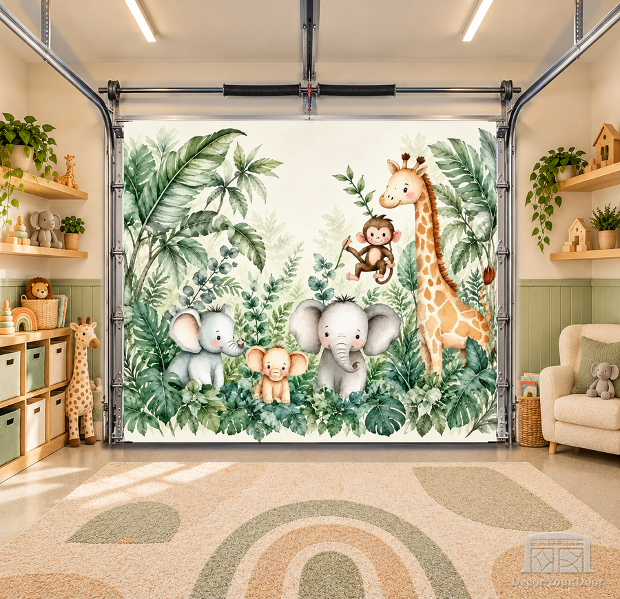 Gentle Jungle Friends interior garage door cover — OneCar-front in a nursery garage playroom