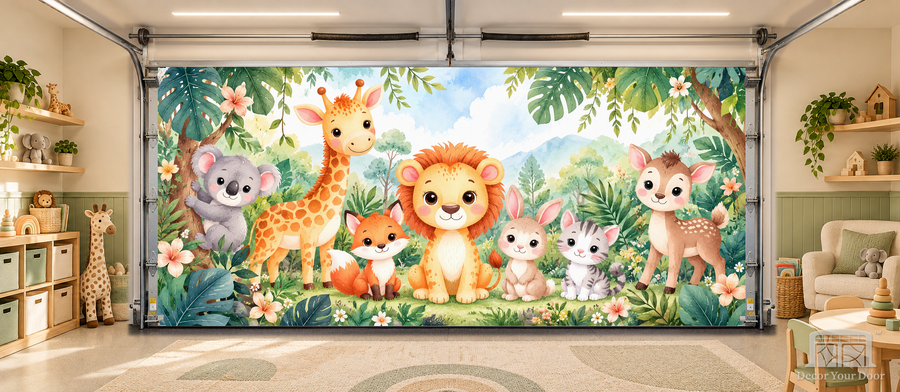 Gentle Jungle Pals interior garage door cover — TwoCar-front in a nursery garage playroom