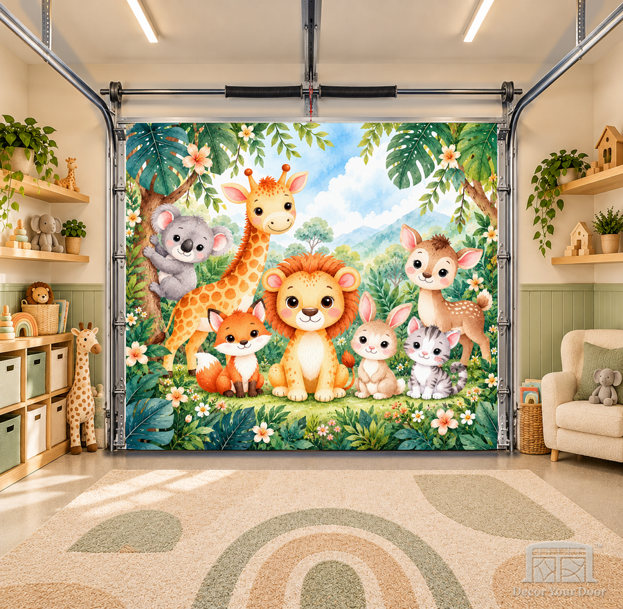 Gentle Jungle Pals interior garage door cover — OneCar-front in a nursery garage playroom