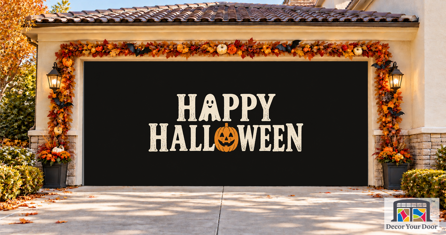 Ghost Letter Greeting Halloween garage door cover – Two Car front view