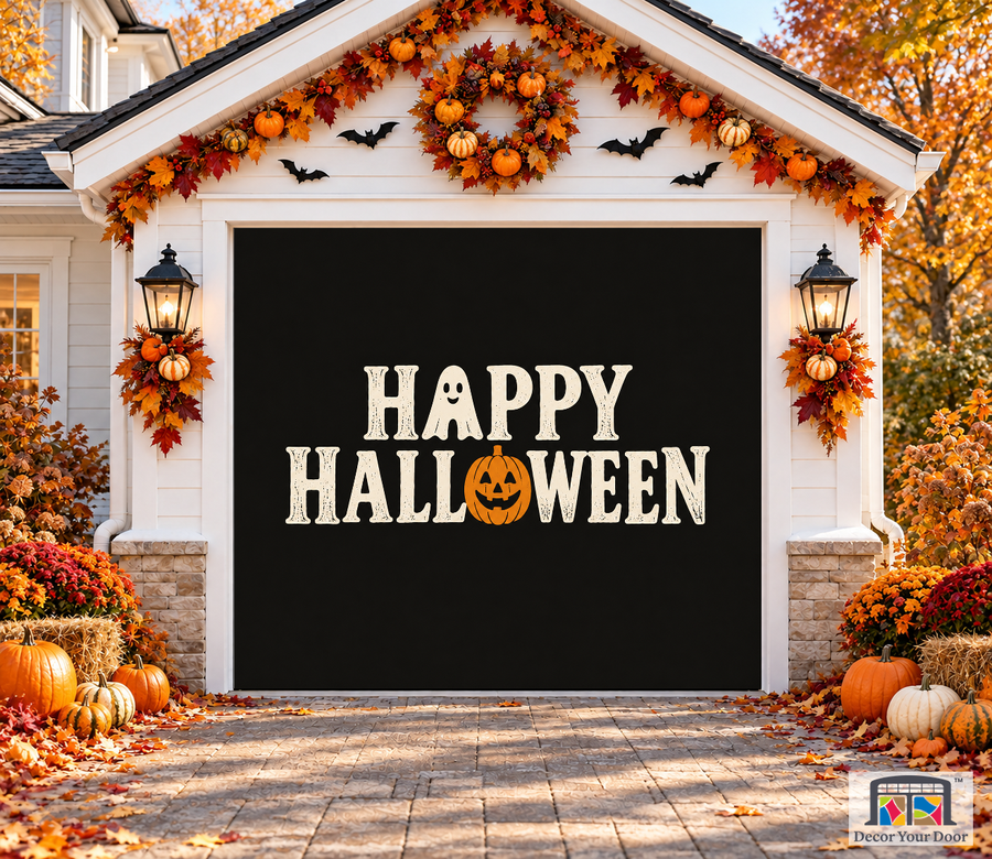 Ghost Letter Greeting Halloween garage door cover – One Car front view