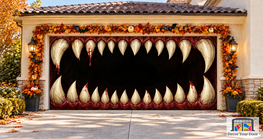 Giant Monster Teeth Halloween garage door cover — two-car front view