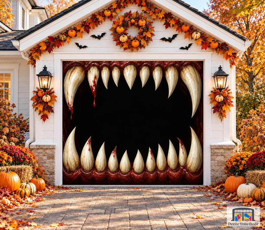 Giant Monster Teeth Halloween garage door cover — one-car front view